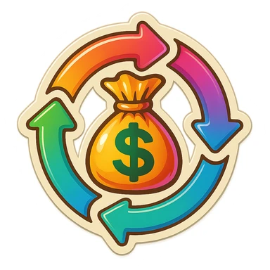 four lifecycle arrows forming a circle with a cartoony bag of money in the center, 1980s retro sticker style sticker