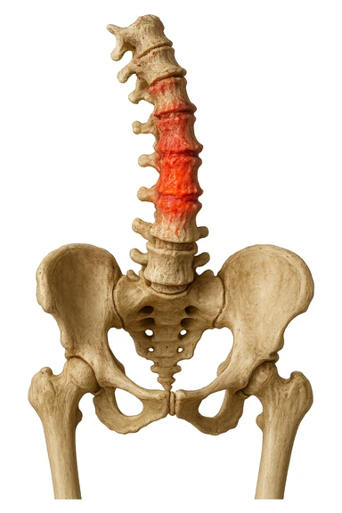 SPINA DORSALE STORTA E INFIAMMATA CON BACINO UMANO ANATOMICO REALISTICO INCLINATO, iperrealistica 4k sticker