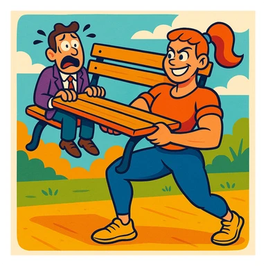 A humorous scene of a woman holding a bench with a scared man sitting on it, colorful and dynamic, vibrant cartoon style sticker