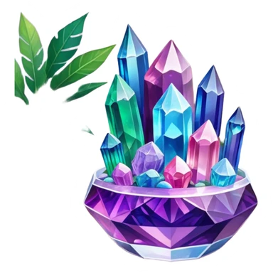 Close-up of vibrant, multicolored crystals growing in a glass container on a wooden table. Crystals in shades of purple, blue, green, pink, and clear are forming in various shapes and sizes. Soft light shines on them. Cozy indoor setting with plants and soft decor in the background. sticker