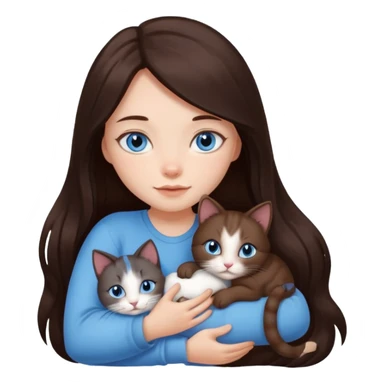 a pretty girl with long dark 
brown hair, with blue eyes, hugs 3 different natural coloured small cats sticker