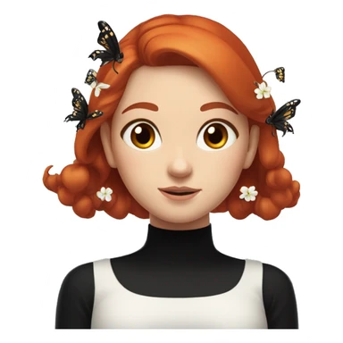 a girl with red hair with a black crab, wearing a black turtleneck over which a white blouse with dropped shoulders, earrings with butterflies, a long hairpin with small white flowers on two sides of her head sticker