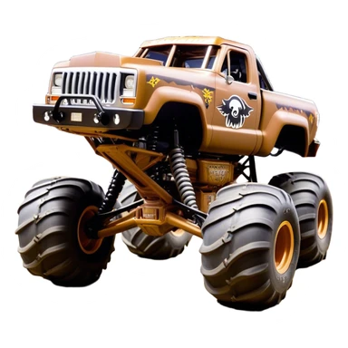 Monster Mutt - Monster Jam (Model Year: 2021) (Iconic colour: Brown with dog features) - A unique monster truck with playful, dog-inspired design cues. The vehicle is painted in warm brown tones and features subtle dog motifs (such as a stylized snout or ear shapes). It should blend the rugged power of a monster truck with quirky, endearing canine features. sticker
