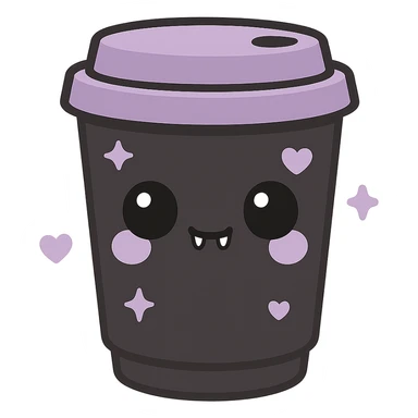 kawaii style gothic mocha, cute face, black takeaway cup, purple heart and star decorations, tiny fangs, fun and gothic sticker