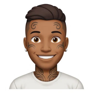 black man with face tattoos, smiling, wearing a t-shirt sticker