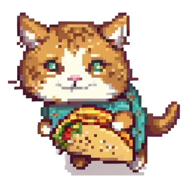 a taco cat running, dynamic pose, pixel art style, bright colors, cat facing right sticker