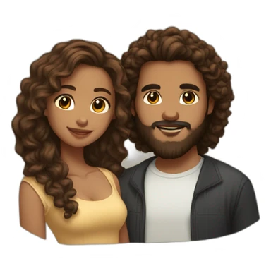 light brown skin girl with long curly brown hair and her boyfriend with light skin and black beard sticker