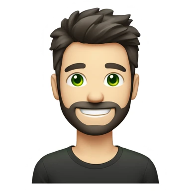 Handsome man with dark hair, gradient short hair on the side, green eyes. Big smile and thin face. Black t-shirt. A little beard. The man have to got an letter card next to his face sticker