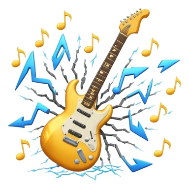 A 3D Apple-style emoji of a bold “ROCK” text written in shiny metallic letters, with an electric guitar leaning on the text, surrounded by small music notes and lightning bolts, energetic and powerful rock music vibe sticker