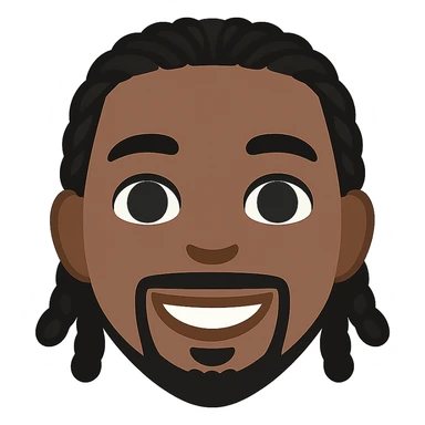 Transform this portrait into a simple and expressive emoji style with a smiling face, black skin tone, and transparent background. The style should resemble an emoji look while keeping the expression clear and friendly. sticker