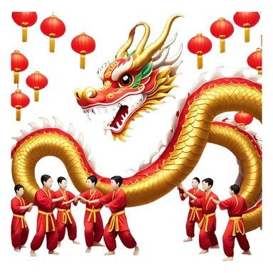 Cinematic Realistic scene of a traditional Chinese Dragon Dance featuring a team of performers skillfully manipulating a colossal, flexible dragon puppet, its intricately detailed, vibrant scales and flowing, embroidered fabric catching the light, set against a festive backdrop of red lanterns and dynamic red-tinged lighting that accentuates the majestic presence of the dragon puppet. sticker