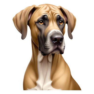 Cinematic Noble Fawn Great Dane Portrait Emoji, Poised and regal, with a towering, muscular build and a sleek, well-groomed solid fawn Fur accented by subtle dark markings, deep-set soulful amber eyes, Simplified yet sharp and sophisticated features, highly detailed, glowing with a soft, dignified glow, high shine, intelligent and gentle, stylized with an air of majesty, focused and attentive, soft glowing outline, capturing the essence of a watchful and confident guardian, so majestic it feels as though it could stride out of the screen with effortless authority! sticker