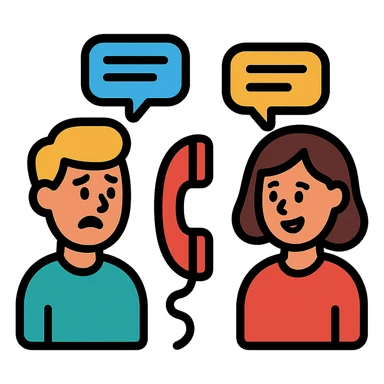 two people having a conversation on two sides of a land line phone, clear visual separation, expressive faces, modern color icon style sticker
