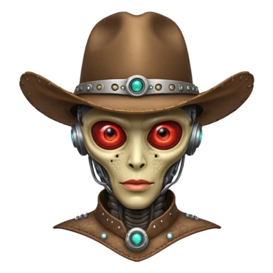 Close-up portrait of a biomechanical alien cowboy, half organic half robotic face, metallic textures blending with alien skin, glowing red eye, futuristic cowboy hat, moody lighting, ultra realistic detail, cyber-western style
 sticker