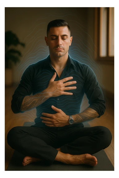 A highly realistic, cinematic portrait of a man in his early 30s with a calm, focused expression, sitting cross-legged on a yoga mat in a softly lit room. His eyes are closed, and he is performing deep diaphragmatic breathing, with one hand resting on his chest and the other on his abdomen, visibly rising and falling with each breath. A subtle glow or faint blue light outlines his body, symbolizing calm energy and nervous system regulation. Around him, faint symbolic waves or flowing lines in blue tones represent the breath calming the autonomic nervous system, while a soft warm light from a window illuminates his relaxed face. The atmosphere is peaceful and grounded, with warm natural tones and a clean, minimalist setting, evoking the feeling of inner calm and nervous system reset through conscious breathing. Style: 35mm hyperrealistic film photography, soft depth of field, warm lighting with clear focus on the man's peaceful face and breathing posture sticker