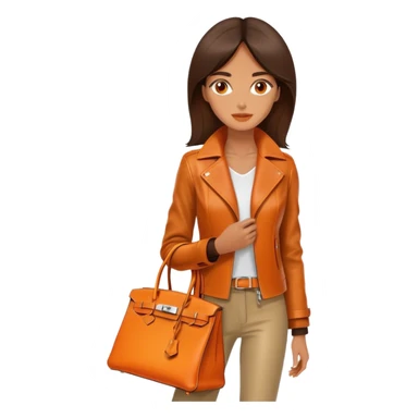 Exotic and tan woman wearing a leather Hermes jacket. She has an orange Hermes Birkin Bag. I want the image to be close up.  sticker