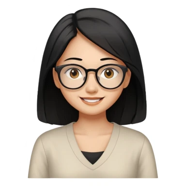 medium tan asian woman with long black hair past middle of back, round brown eyes, white v neck blouse. she has black thick frame rectangle shape glasses on and smiling with no teeth sticker