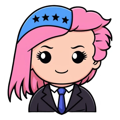 Donald trump with pink hair, long lashes, long nails, and a pride flag sticker