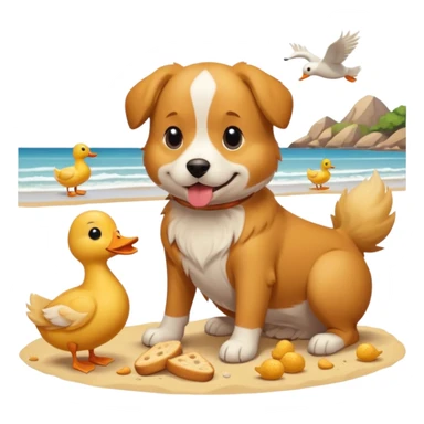 Hund am strand mit enten die brot essen sticker