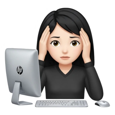 A girl is in front of a computer and is holding her head.The one with black hair And the computer is of a certain type hp sticker