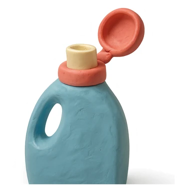 close-up of detergent bottle with cap open in claymation style, soft lighting, pastel colors sticker