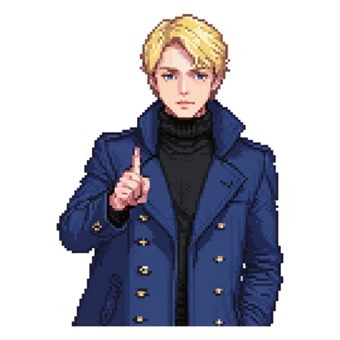 Flat pixel art, bold and charismatic male leader, Caucasian, short neat blonde hair, sharp eyes, indigo coat over black turtleneck, one arm raised pointing out, waist-up, front-facing sticker