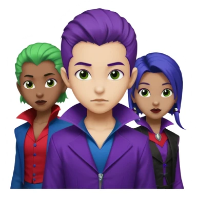 Solo poly platonic relationship, one African girl, one Asian boy, one biracial features Asian tomboy girl rat-tail hair long and upper masculine hair 90s, vampire and marvel cosplay elements inspired  use marvel colours, like instead of obvious human, green purple blue etc,  sticker
