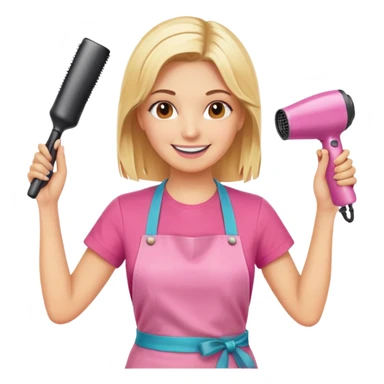 smiling blonde woman hairstylist wearing pink t-shirt and orange apron, hands raised, holding scissors and hairdryer sticker
