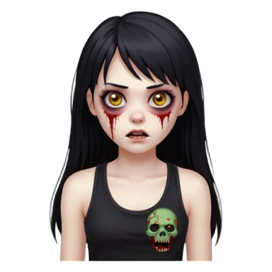 Crie um emoji de zumbi garota do iphone que tenha o cabelo preto longo, de cumprimento no peito, que tenha uma franja no tamanho da sobrancelha, com os olhos escuros e que use uma regata preta sticker