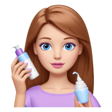 Barbie girl Chestnut Shoulder-length hair and blue eyes is In pale purple applying cream on face sticker