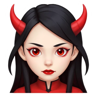 Head only demon girl; face with pronounced cheekbones and angular jaw; skin is uniform pure red (#FF0000) everywhere; long straight smooth black hair; small horns sticker