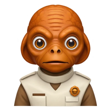 Admiral Ackbar from Star Wars emoji, apple style, simple facial expression, orange-brown skin, large fish-like eyes, white uniform sticker