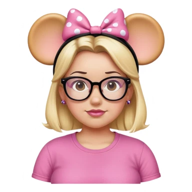 Thick Woman pink T-shirt Hazel eyes glasses blonde hair Black Minnie mouse ears sticker