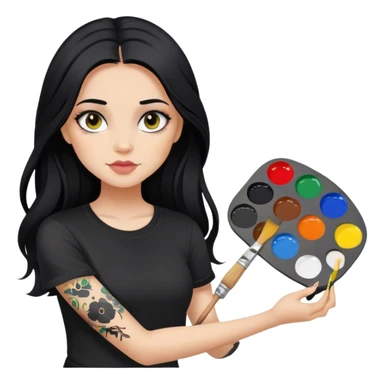 A girl with long black hair and hazel eyes and black tattoos on right arm holding a paint palette  wearing black shirt sticker