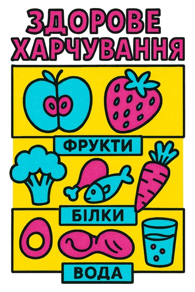 infographic in pop art style about 'Здорове харчування' (Healthy Eating), bright contrasting colors, simple shapes, bold outlines, sections for fruits, vegetables, proteins, water, all text in Ukrainian sticker