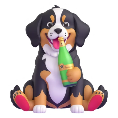 bernese mountain dog with a toy champagne bottle in its mouth sticker