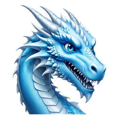 Cinematic Noble elegant Ice Dragon Portrait Emoji, Poised and imposing, distinct long elegant snout, with a slender, scaled body shimmering in glacial hues of icy blue, frostbitten silver, and crystalline white, breathing out frost, with piercing, glowing ice blue white eyes that radiate the chilling depths of an arctic storm; rendered in detail. excuding wisdom sticker