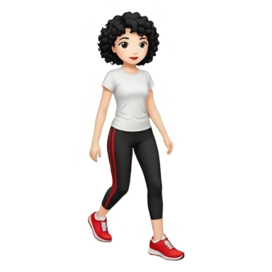 generate a pretty bratz fair skinned girl with curly black hair wearing a white tshirt trekking on a hill with red sneakers on and black leggings. Show HILLS sticker