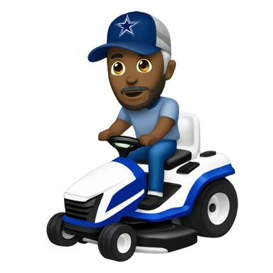 Bigger white man with short grey beard and blue Dallas cowboys hat riding lawn mower  sticker