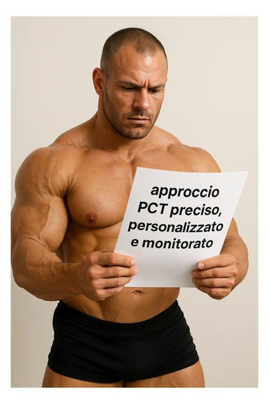 BODYBUILDER CHE LEGGE UN FOGLIO CON LA SCRITTA "approccio PCT preciso, personalizzato
e monitorato" sticker
