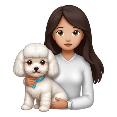 An Asian girl with tanned skin and long hair and a bichon sticker