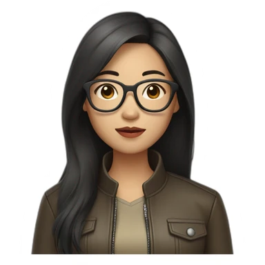 asian girl with glasses and a leather jacket with a  khaki shirt and long dark hair sticker