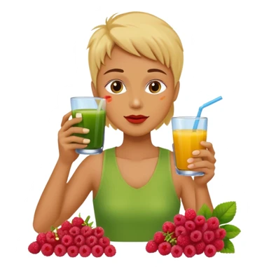 juice, colors yellow,orange,forest fruits, person, green juice sticker