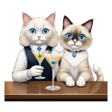 Ragdoll cat drinking martini at the bar with a black and white cat friend sticker