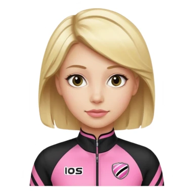 blonde woman with black racing outfit with pink strips sticker
