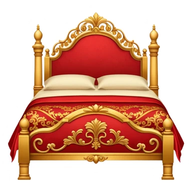bed with red and gold sheets, wooden sticker