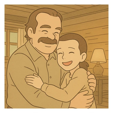 Hopper and Eleven together in the cabin, Hopper hugging Eleven in a moment of affection and family warmth, both smiling. Simple line art with light pastel tones and thick outlines, in the Ghibli style, 1:1 format, safe and friendly atmosphere. sticker