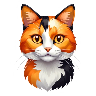 Cinematic Noble Calico Cat Portrait Emoji, Poised and regal, with a striking patchwork fur in vibrant orange, black, and white hues, delicate whiskers and a refined, focused gaze, simplified yet exquisitely detailed, glowing with a soft, moonlit radiance and an air of aristocratic elegance, high shine, exuding dignified intelligence and poised authority, soft glowing outline, capturing the essence of a watchful and noble calico cat that appears ready to grace the screen with effortless majesty! sticker