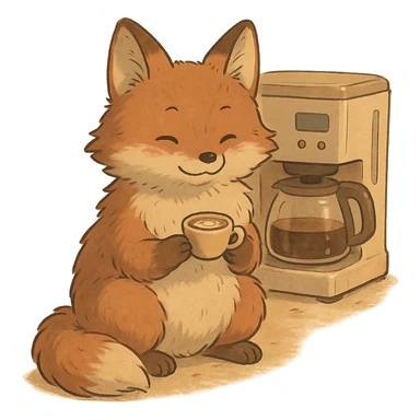soft fluffy full-body fox holding a tiny latte cup, brown and beige tones, pastel coffee maker aesthetic, cozy coffee shop vibe, gentle warm atmosphere, Ghibli style sticker