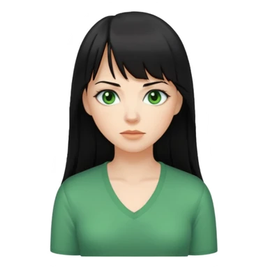 A white woman with Long straight hair with bangs, black hair, green eyes and a low-cut shirt sticker